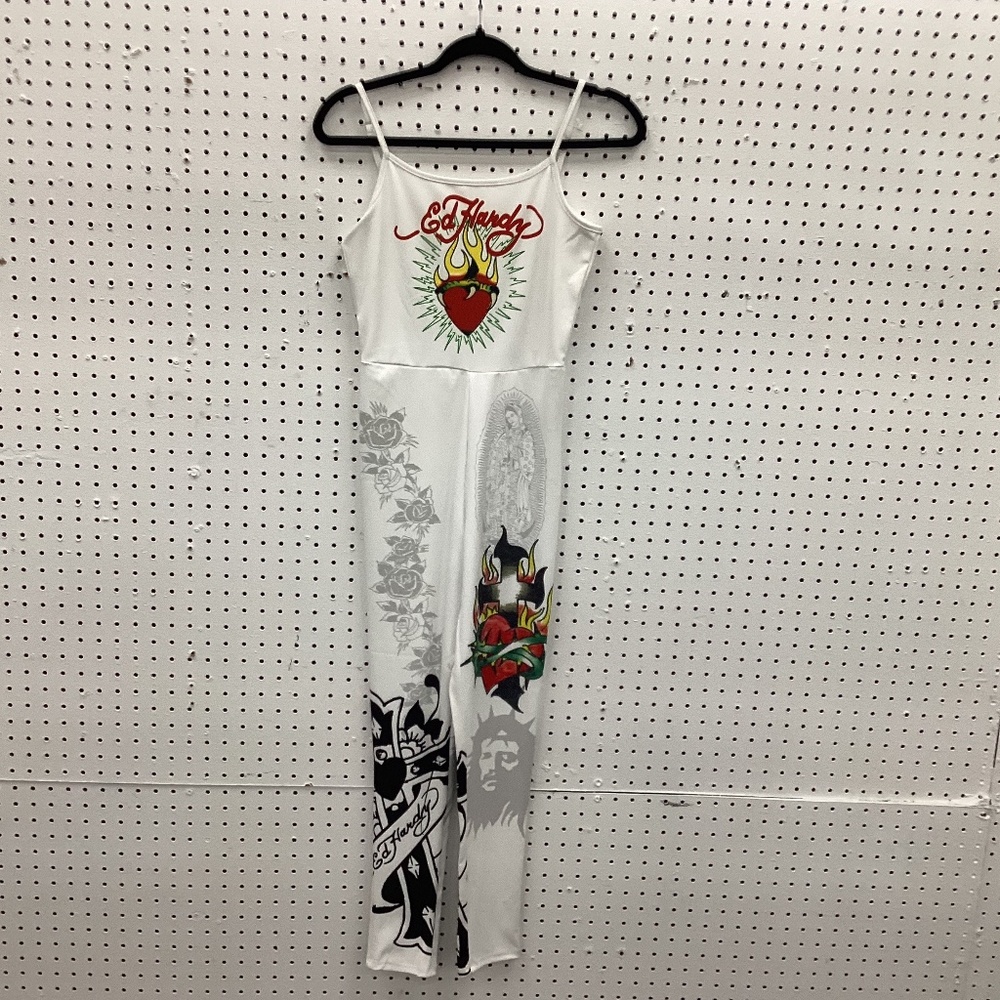 Ed Hardy Design Jumpsuit, Size Medium, Color White Multi Color NWT